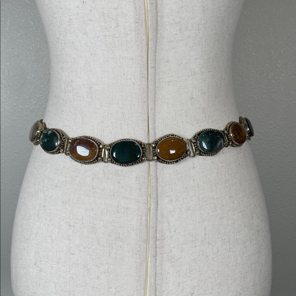 Antique Southwestern Navajo Victorian Specimen Agate Chunky Metal Chain Belt - Picture 5 of 17